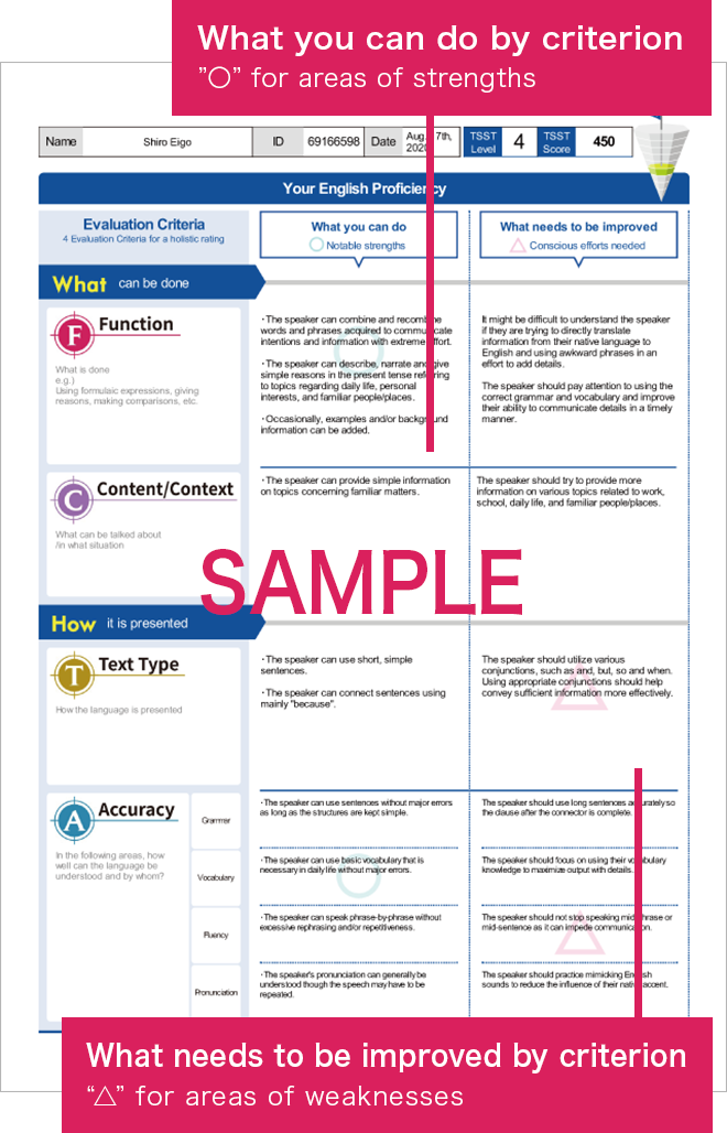 What you can do by criterion（”〇” for areas of strengths）. What needs to be improved by criterion（“△” for areas of weaknesses）.